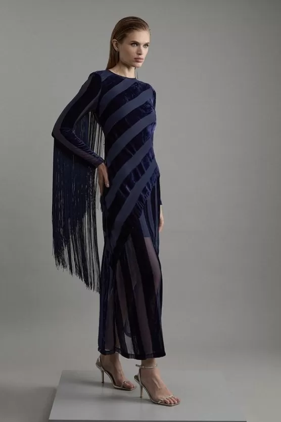 Best Karen Millen Petite Fringed Velvet Devore Long Sleeve Woven Maxi Dress navy