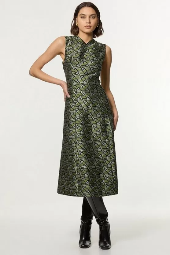 Store Karen Millen Petite Geo Jacquard Twill Tailored Full Skirted Belted Midi Dress green