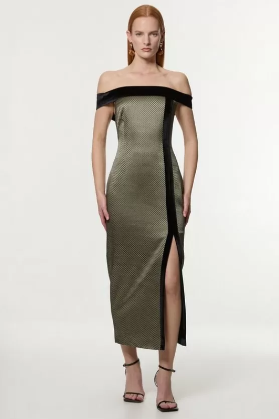 Fashion Karen Millen Petite Jacquard Velvet Mix Tailored Off The Shoulder Midi Dress geo