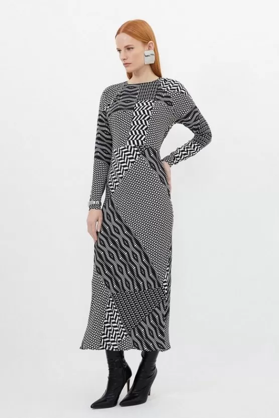 Hot Karen Millen Petite Printed Morocain Woven Crew Neck Midaxi Dress geo