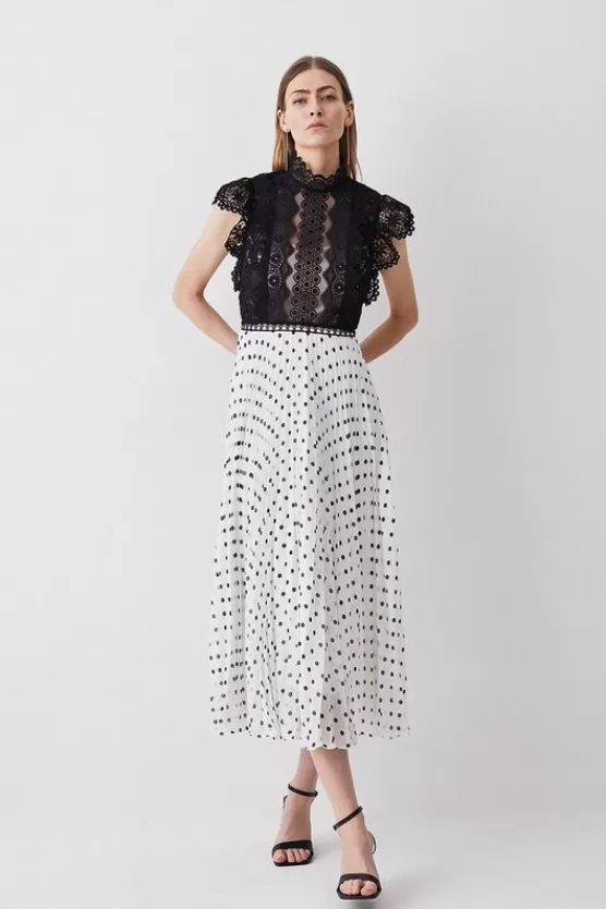 Outlet Karen Millen Petite Guipure Lace Dot Pleated Skirt Midi Dress mono