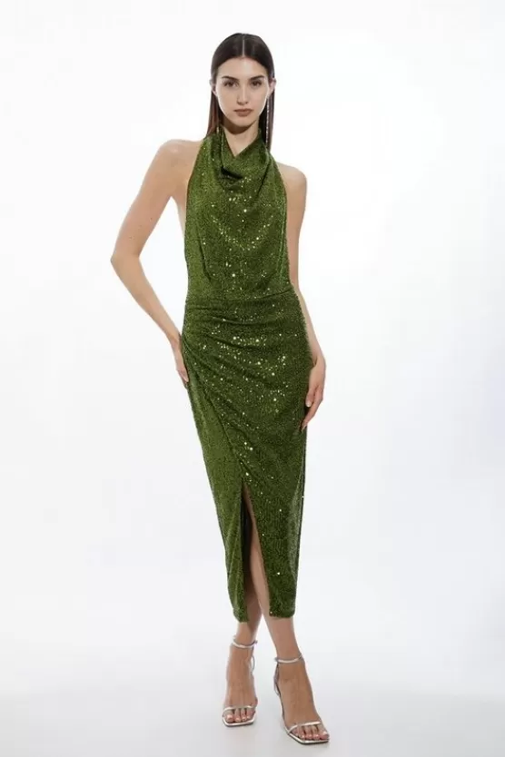 New Karen Millen Petite Halterneck Sequin Jersey Side Split Maxi Dress khaki