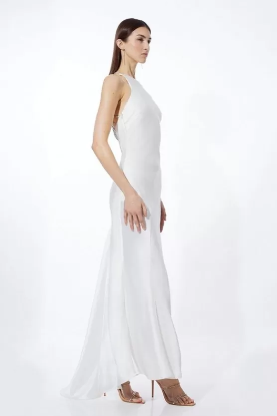 Shop Karen Millen Petite Heavy Satin Diamante Detail Halter Maxi Dress ivory