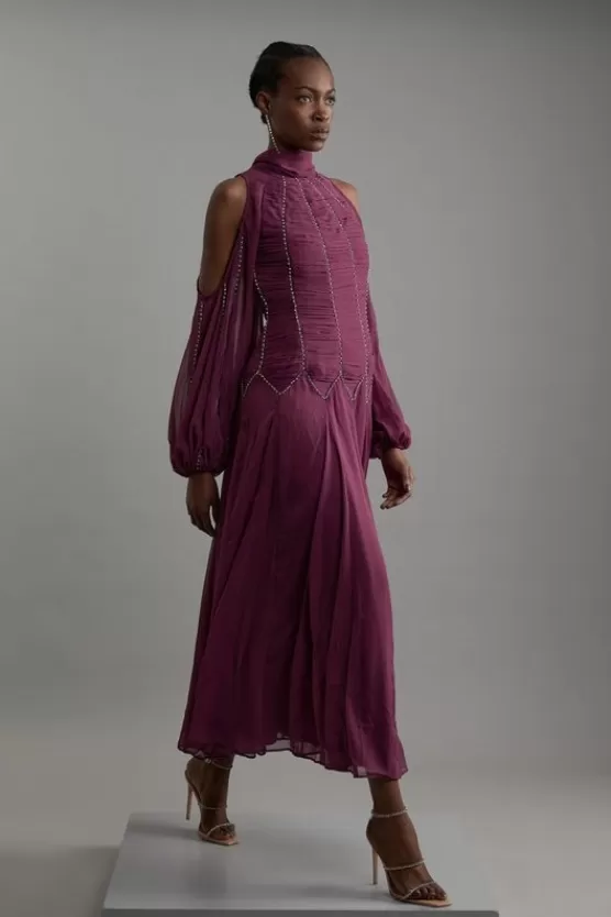 Flash Sale Karen Millen Petite High Neck Embellished Ruched Georgette Woven Maxi Dress mulberry