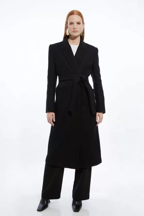 Cheap Karen Millen Petite Italian Manteco Wool Blend Wrap Belted Tailored Midi Coat black