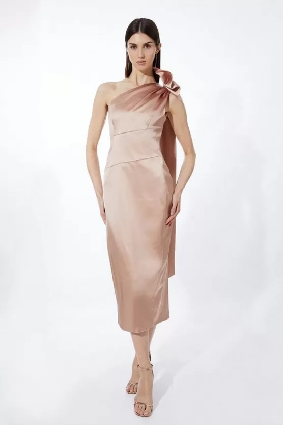 Online Karen Millen Petite Italian Satin Drape Shoulder Tailored Midi Dress champagne