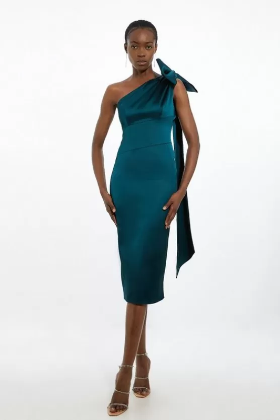 Best Sale Karen Millen Petite Italian Satin One Shoulder Bow Detail Tailored Midi Dress forest