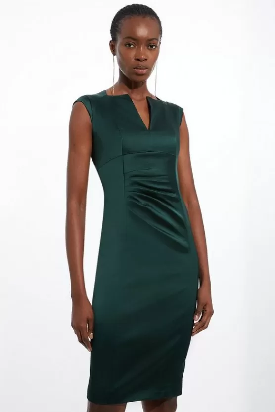 Store Karen Millen Petite Italian Satin Tailored Envelope Neck Pencil Midi Dress forest