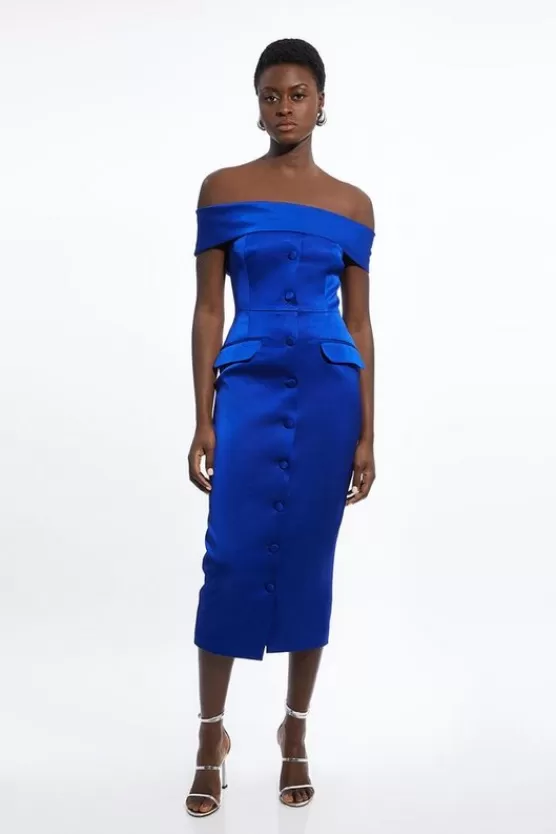 New Karen Millen Petite Italian Structured Rib Off The Shoulder Button Through Tailored Midi Dress cobalt
