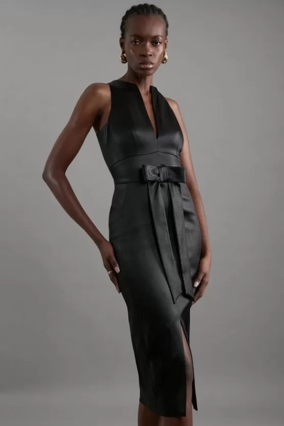 Hot Karen Millen Petite Italian Structured Satin Bow Detail Tailored Maxi Dress black