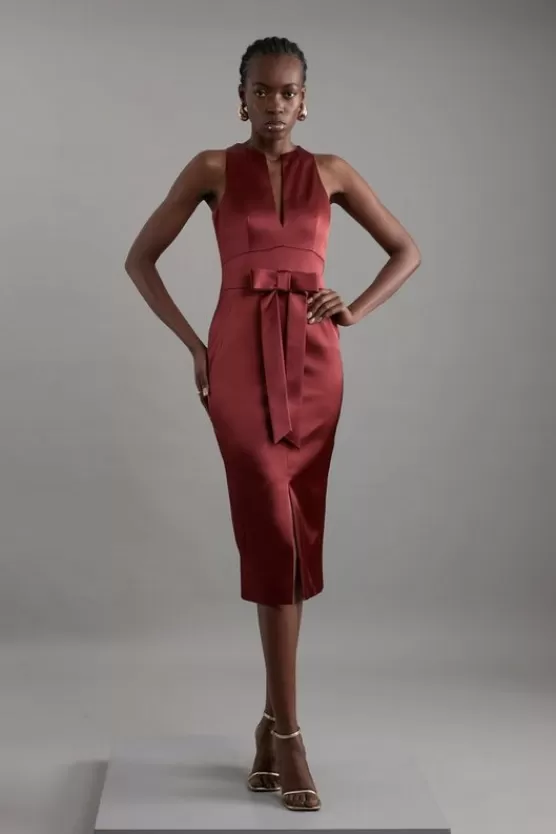Discount Karen Millen Petite Italian Structured Satin Bow Detail Tailored Maxi Dress rust