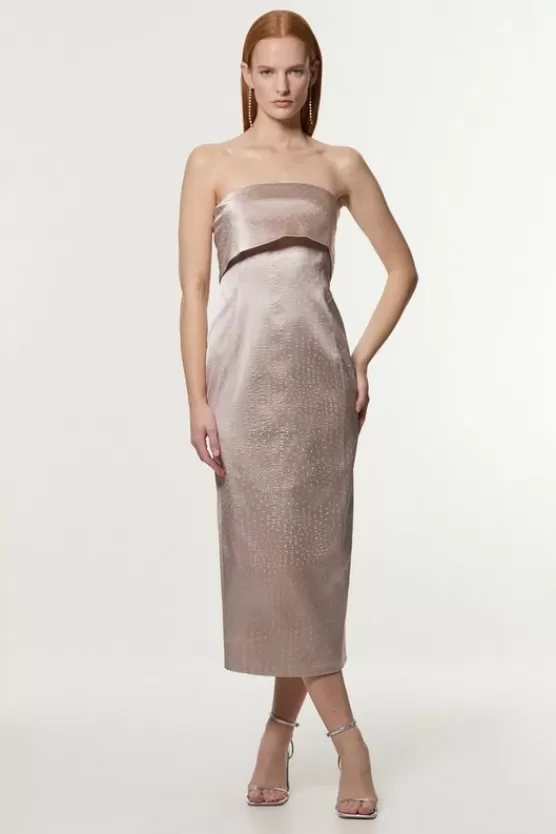 Best Sale Karen Millen Petite Italian Structured Textured Satin Bandeau Tailored Midi Dress blush