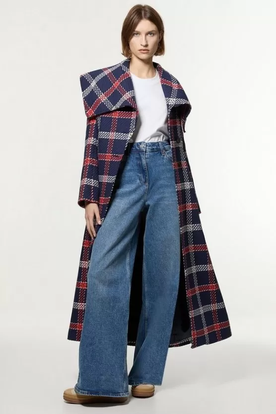 Cheap Karen Millen Petite Italian Wool Blend Oversize Collar Full Skirted Belted Tailored Midaxi navy