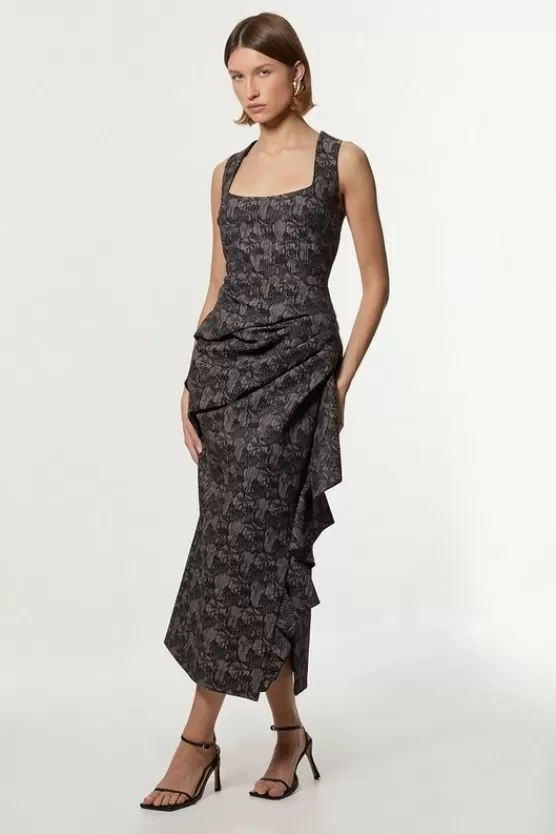 Flash Sale Karen Millen Petite Jacquard Ruffle Strappy Tailored Maxi Dress black