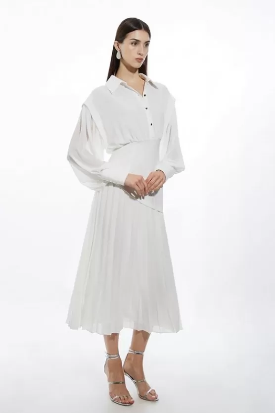 Outlet Karen Millen Petite Jersey And Georgette Mix Pleated Midi Shirt Dress ivory