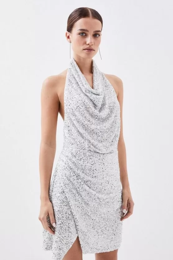 New Karen Millen Petite Jersey Sequin Cowl Neck Mini Dress silver