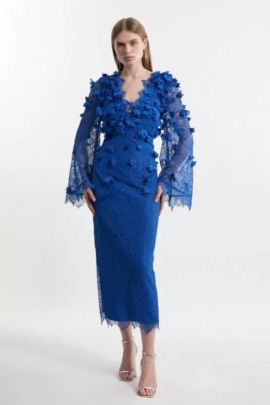 New Karen Millen Petite Lace Petal Applique Balloon Sleeve Woven Midi Dress cobalt