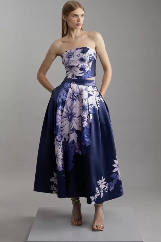 Shop Karen Millen Petite Large Scale Floral Print Woven Prom Midi Skirt navy