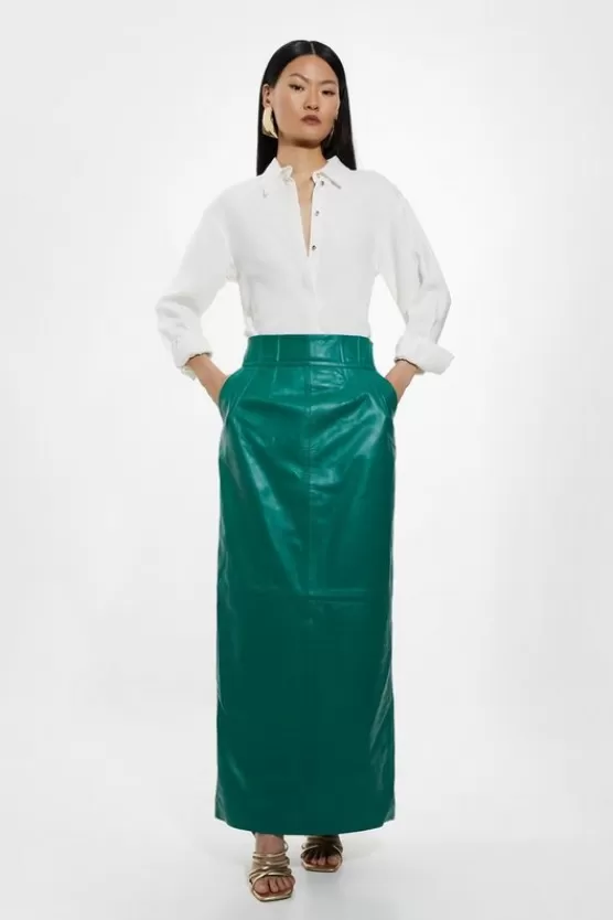 Shop Karen Millen Petite Leather Corset Detail High Waist Maxi Pencil Skirt brightgreen