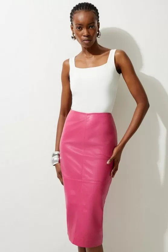 Shop Karen Millen Petite Leather Panel Pencil Midi Skirt brightpink