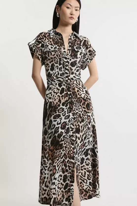 Hot Karen Millen Petite Leopard Batik Printed Morocain Woven Midi Shirt Dress animal