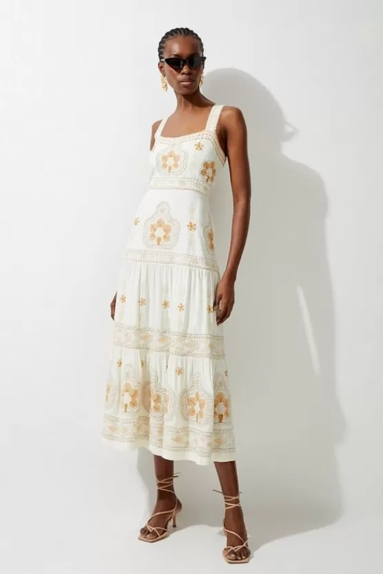 Best Karen Millen Petite Linen Embroidered Strappy Woven Midi Dress ivory