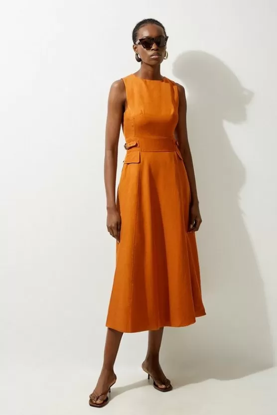 Hot Karen Millen Petite Linen Tab Waist Detail Full Skirt Tailored Midi Dress tan