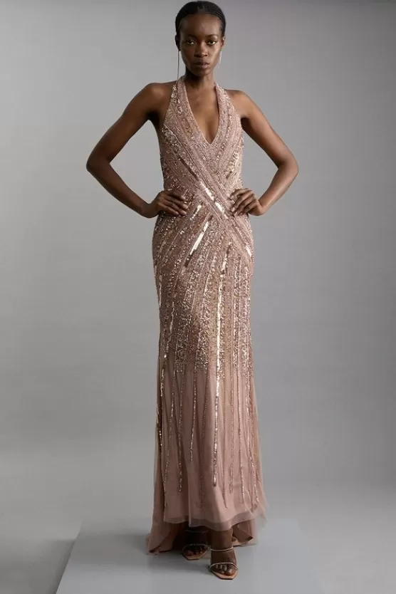 Outlet Karen Millen Petite Metallic Embellished And Beaded Halter Maxi Dress rosegold