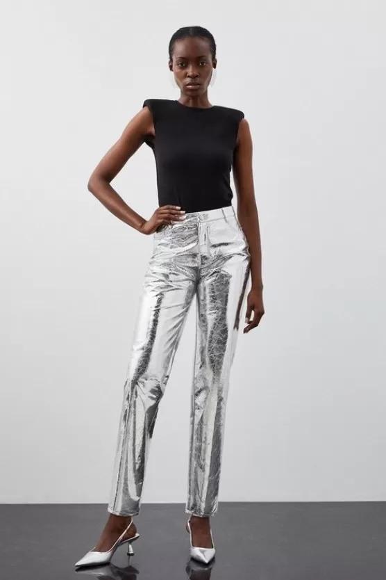 Cheap Karen Millen Petite Metallic Faux Leather Straight Pants silver