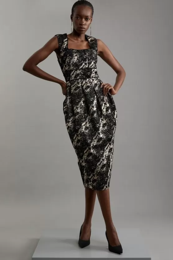 Shop Karen Millen Petite Metallic Velvet Jacquard Tailored Square Neck Midi Dress black