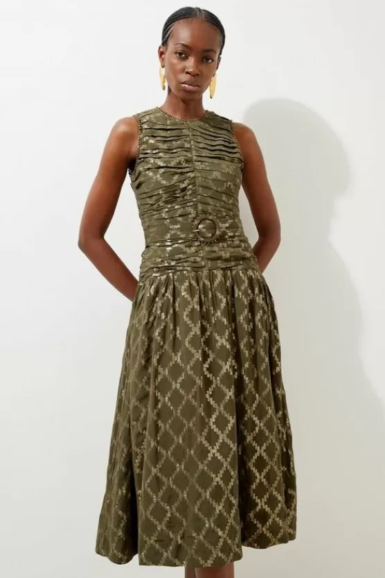 Outlet Karen Millen Petite Metallic Viscose Georgette Beaded Woven Maxi Dress khaki