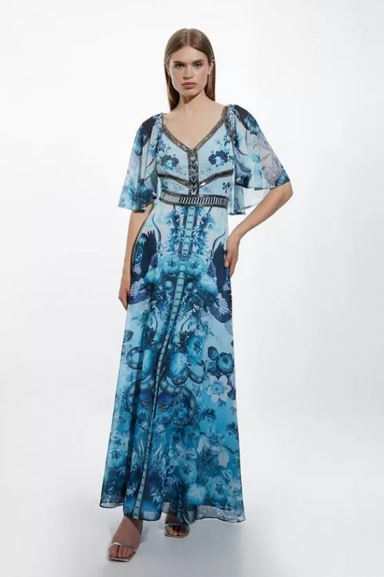 Online Karen Millen Petite Mirrored Floral Bead And Embroidered Woven Angel Maxi blue