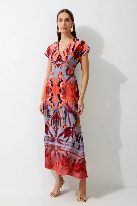 Flash Sale Karen Millen Petite Mirrored Print Satin Crepe Angel Sleeve Woven Maxi Dress multi