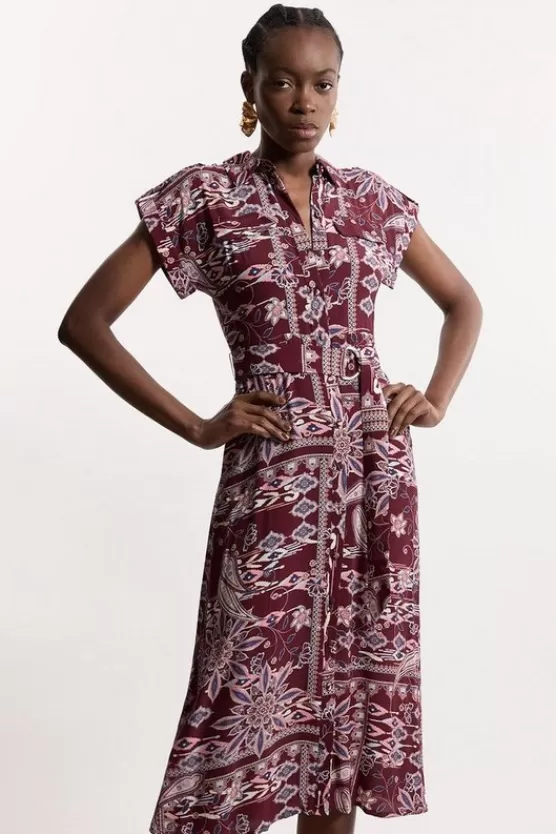 Best Karen Millen Petite Mixed Print Viscose Crepe Woven Midi Shirt Dress orange