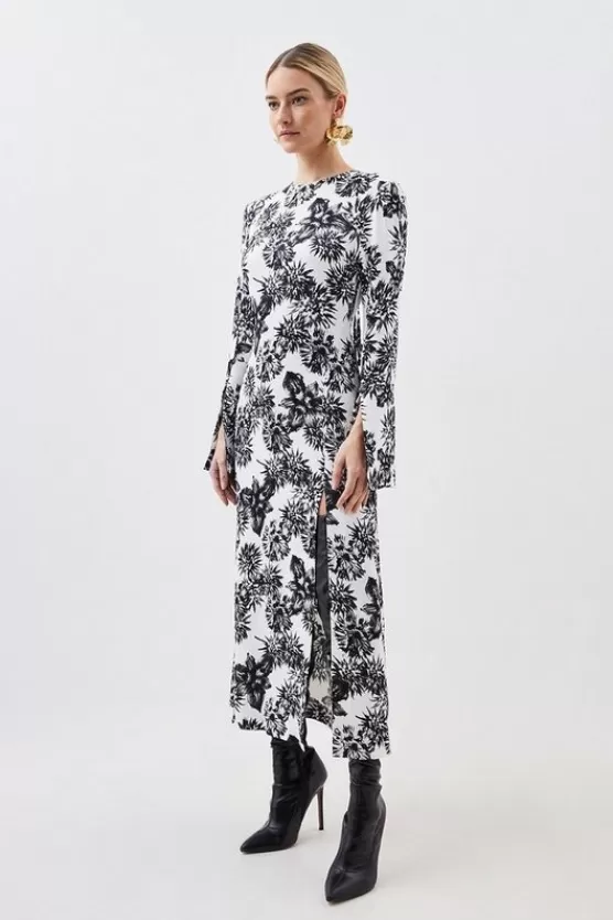 Flash Sale Karen Millen Petite Floral Woven Viscose Satin Midi Dress mono