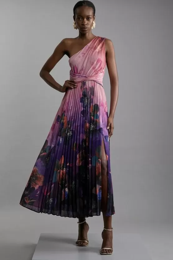 New Karen Millen Petite Ombre Floral Soft Pleated One Shoulder Maxi Dress purple