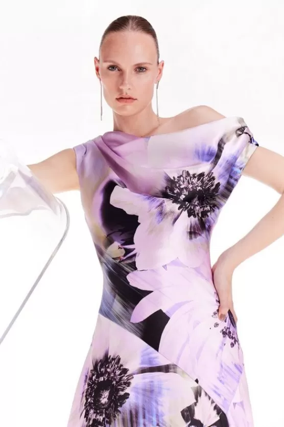 New Karen Millen Petite Ooto Heavy Satin Woven One Shoulder Maxi Dress floral