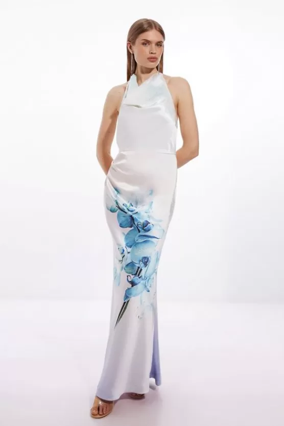Online Karen Millen Petite Ooto Heavy Satin Draped Woven Halter Maxi Dress floral