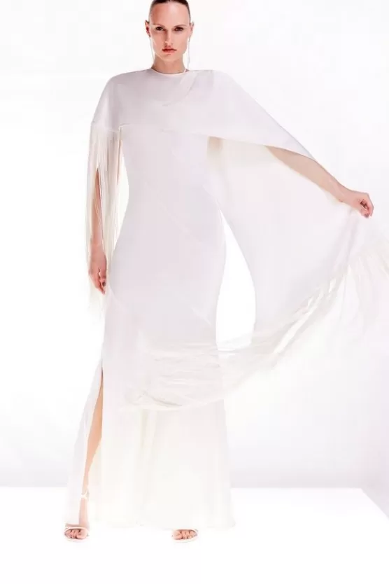 Best Sale Karen Millen Petite Ooto Viscose Crepe And Satin Panelled Fringed Woven Maxi Dress With Detachable Cape ivory