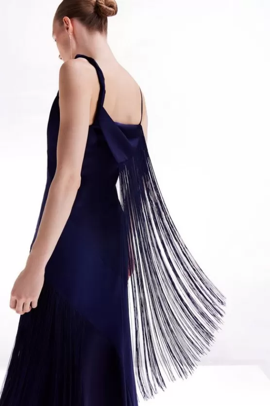 Cheap Karen Millen Petite Ooto Viscose Crepe And Satin Panelled Fringed Woven Strappy Maxi Dress navy