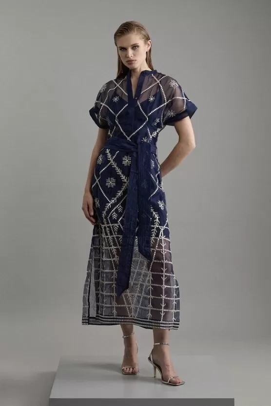 Outlet Karen Millen Petite Organdie Crystal Embellished Tie Waist Woven Maxi Dress navy