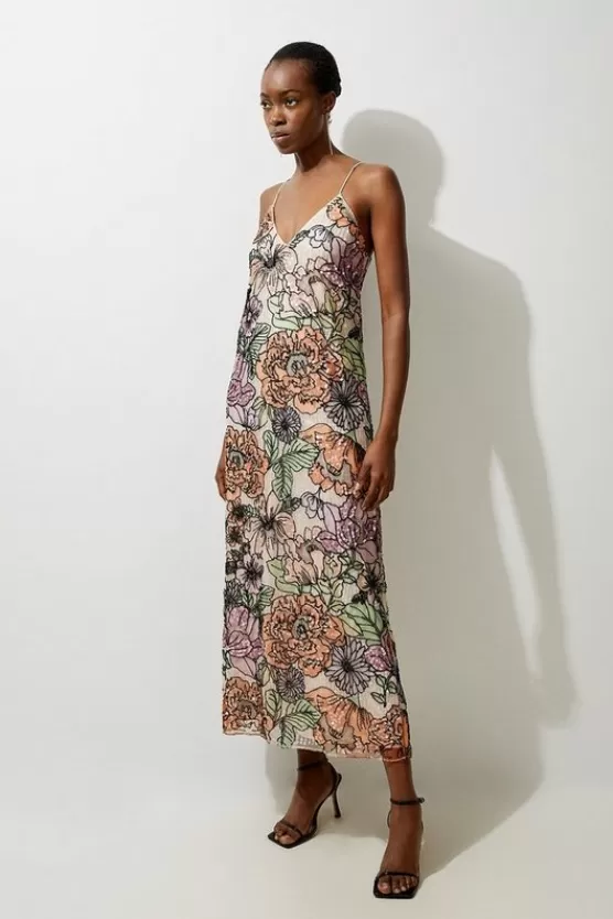 Store Karen Millen Petite Organdie Sequin & Beaded Woven Strappy Midaxi Dress multi