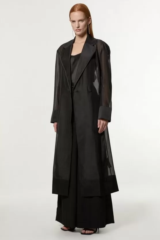 Shop Karen Millen Petite Organza And Satin Mix Tailored Sheer Trench Coat black