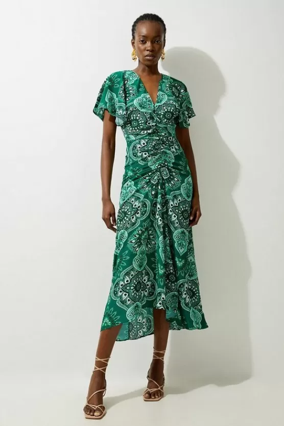 Sale Karen Millen Petite Paisley Printed Morocain Woven Midi Dress green