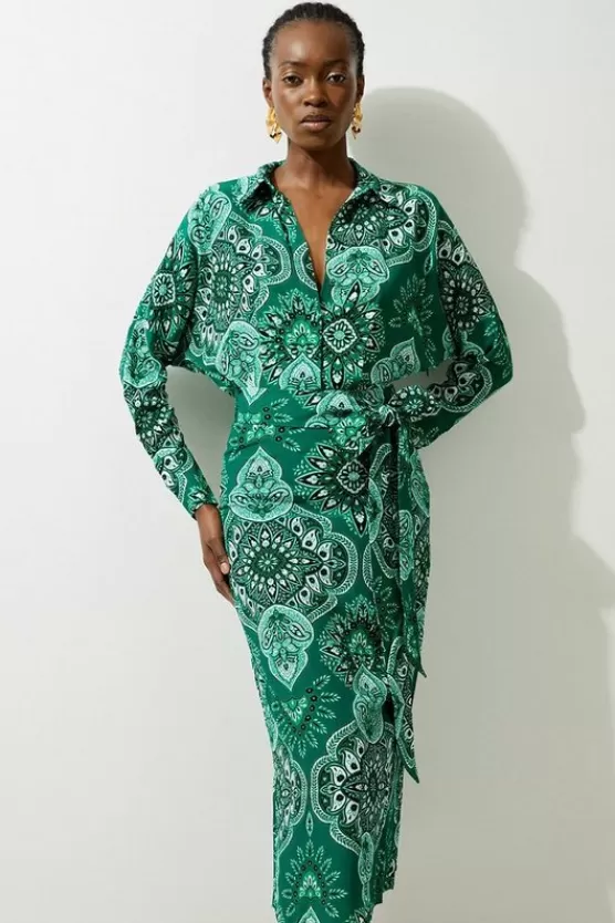 Cheap Karen Millen Petite Paisley Printed Morocain Woven Midi Shirt Dress green