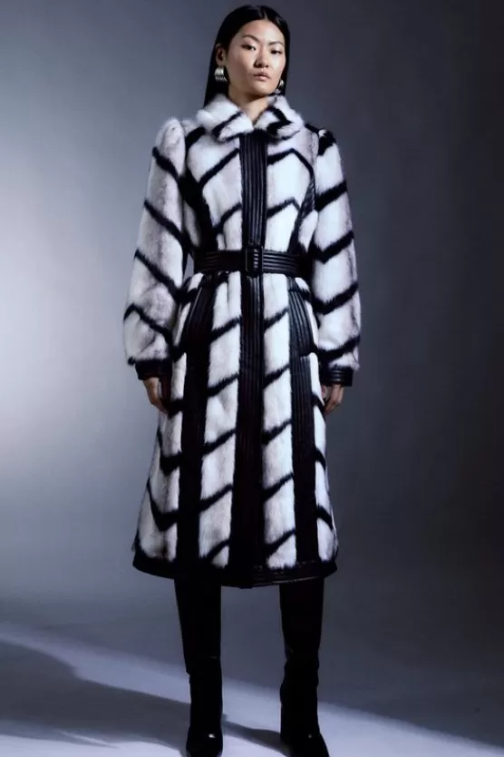 Best Karen Millen Petite Panelled Stripe Faux Fur Pu Belted Long Coat mono