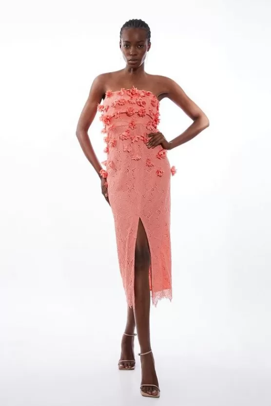 Store Karen Millen Petite Petal Floral Applique Lace Woven Bandeau Midi Dress coral