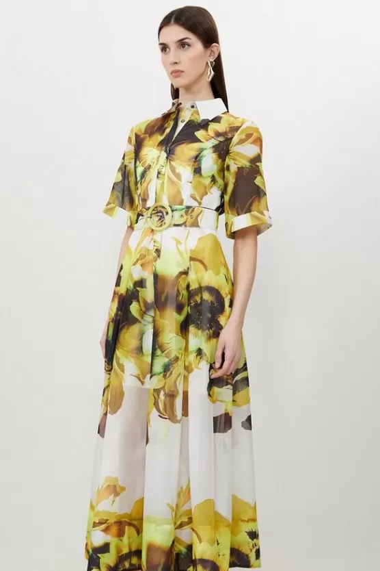 Store Karen Millen Petite Photographic Floral Organdie Midaxi Shirt Dress yellow