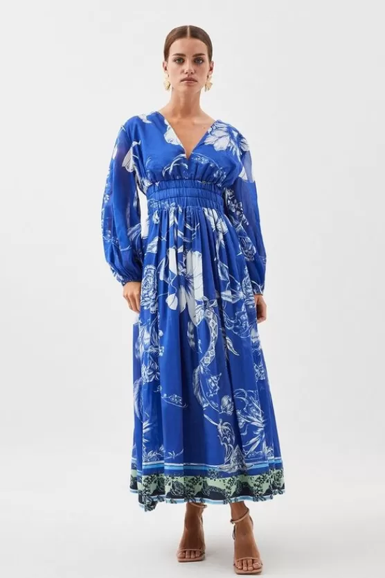 Online Karen Millen Petite Placed Floral Balloon Sleeve Silk Cotton Maxi Dess blue