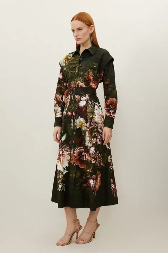 Clearance Karen Millen Petite Placed Cotton Sateen Shirt Dress floral